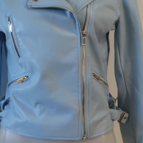 Womens Generation Love "Lindsay" Sky Blue Vegan Leather Moto Jacket M - Picture 4 of 9